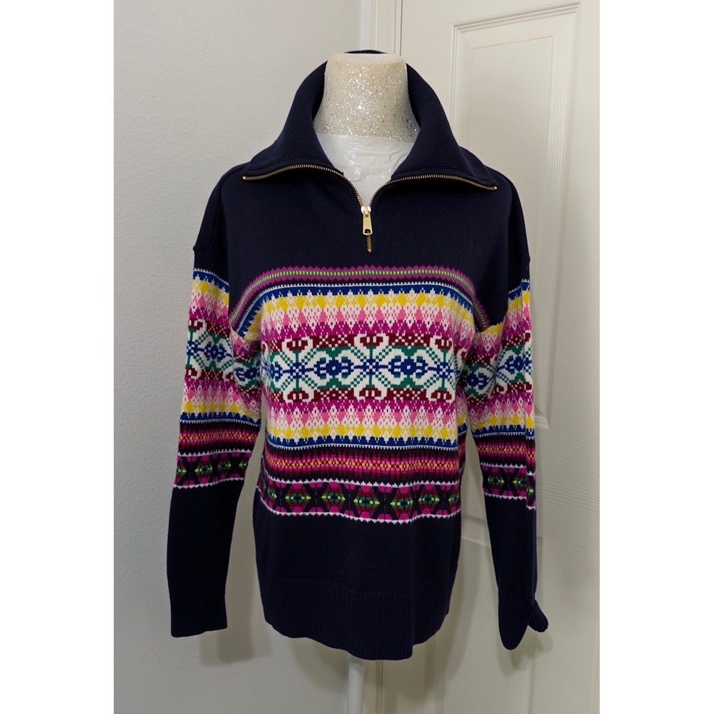 Talbots Womens sz S Navyโ Fair Isle Lambs Wool Blend Quarter Zip Sweater